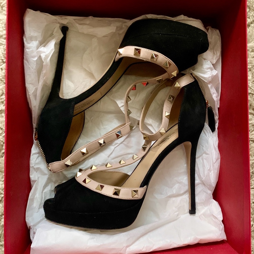 Valentino Black and Nude Studded Peep Toe Platform Pumps